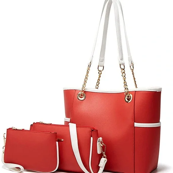 Elegant Red and White Tote Bag Set of 3 - Picture 1 of 2